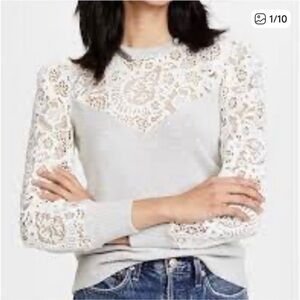Rebecca Taylor Crewneck Merino Wool and Lace Sweater
